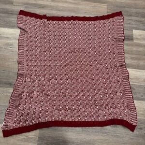 Lot 2 Vtg  Burgundy Cream Striped Knit Crochet Throw‎ Blankets Farmhouse
